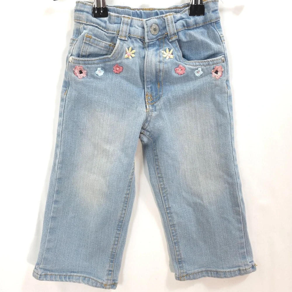 Jessica Simpson Embroidered Floral Jeans Girls 2T Lt Wash Adjustable Waist Blue